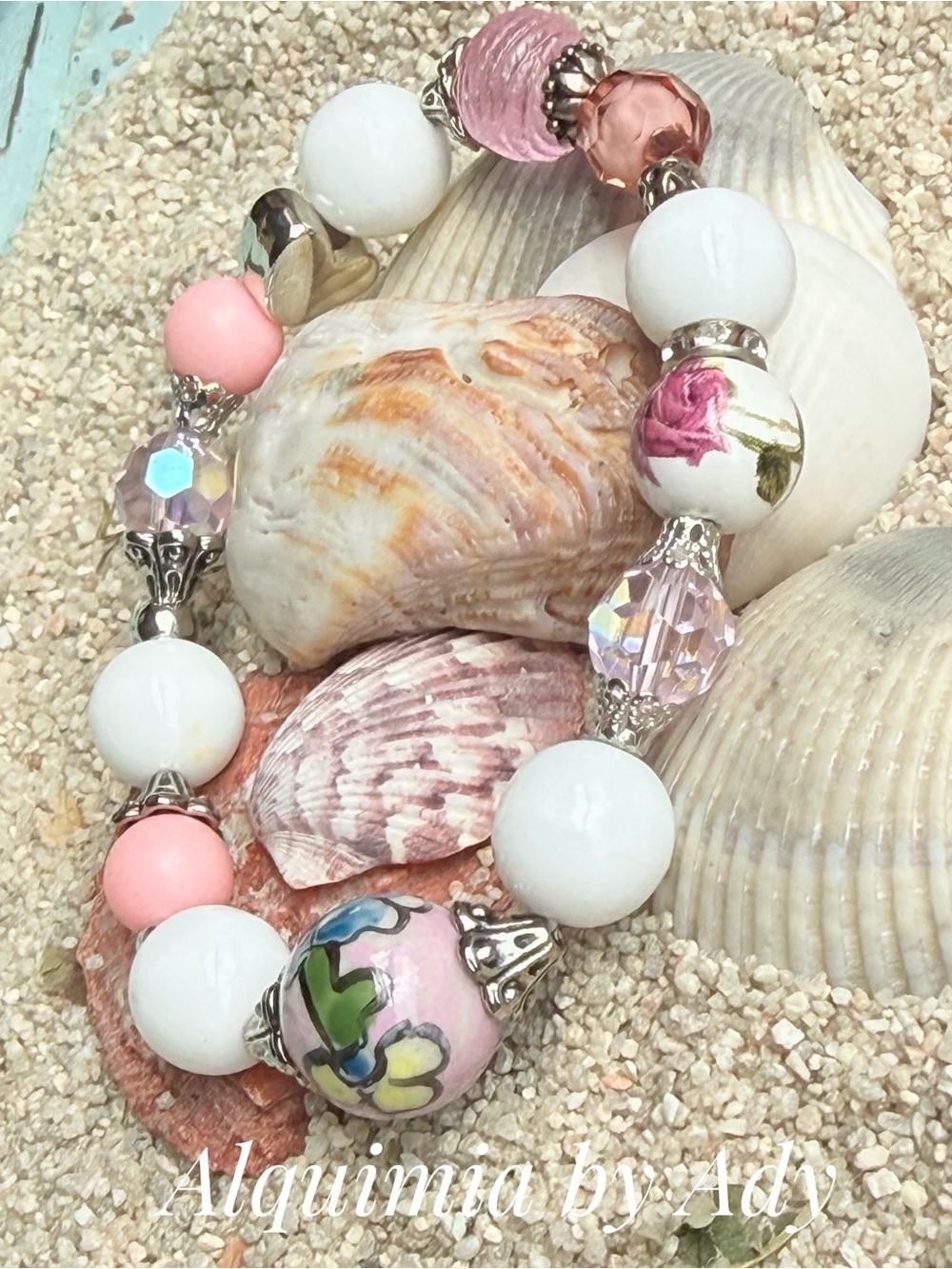 Pink Floral & White JADE CHUNKY Bead Stretch Bracelet